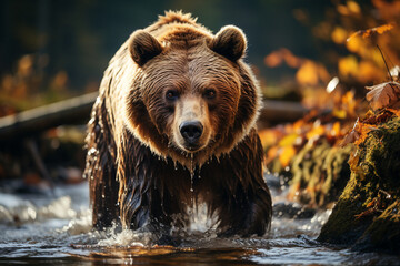 Obraz premium brown bear in the forest autumn background