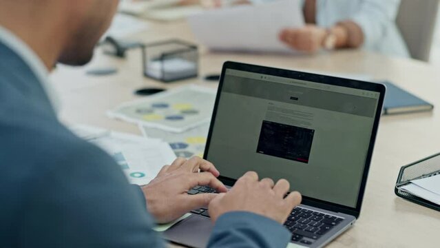 Businessman, hands and laptop on website for stock market research, browsing or financial growth at office. Man, employee or trader typing on computer in finance and marketing for online investment