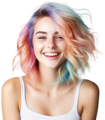 Portrait of a beautiful smiling young woman with colourful hair isolated on white background as transparent PNG, fictional human