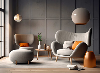 Obraz premium Grey recliner wingback chair against black paneling wall. Scandinavian home interior design of modern living room. Created with generative AI