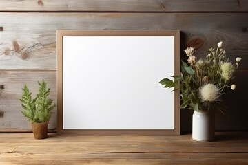 mockup frame, An arrangement of a rustic wooden frame, beautifully contrasted by a fresh bunch of verdant herbs on a timeworn wooden table. Generative AI
