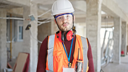 Young hispanic man builder standing with serious face at construction site