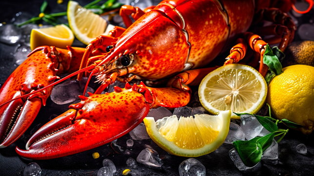 Juicy lobster with lemons and pieces of ice on a dark background.Generative AI