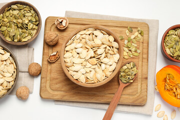 Concept of Autumn vibe food, Pumpkin, Pumpkin seeds
