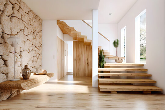 Fototapeta Wooden staircase and stone cladding wall in rustic hallway. Cozy home interior design of modern entrance hall with door. Created with generative AI
