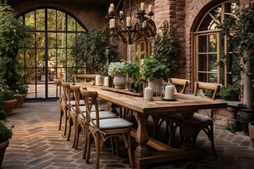 Fototapeta na wymiar Cozy and inviting, a rustic dining room boasts a wooden table, mismatched chairs, and an oversized chandelier, setting a warm ambiance. Generative AI