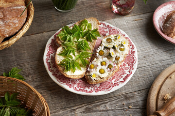 Lawn daisy and ground elder on slices of bread