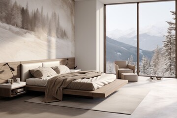 Serene and minimalistic, a bedroom features a sleek platform bed, neutral tones, and ample natural light through large windows. Generative AI