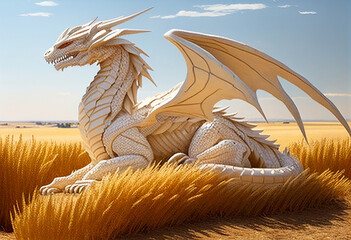 A large white dragon sits in a wheat field. AI Generated