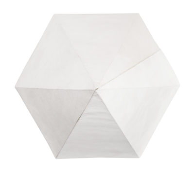 top view of hand-crafted from paper hexagonal pyramid three-dimensional geometric shape isolated on white background