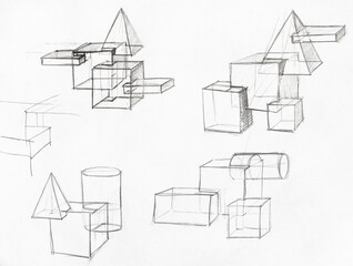 training hand drawn sketches of various geometric shapes on white paper by lead pencil