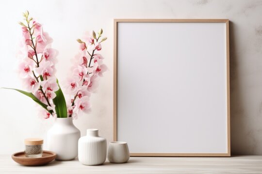 Mockup frame, A white mockup frame surrounds a kitchen scene with orchids against a clean white background, exuding a minimalist and modern aesthetic. Generative AI © Ivy