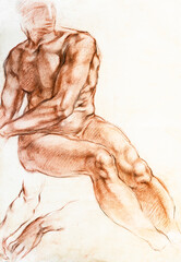 hand-drawn study reproduction of fragment of painting by Michelangelo Buonarrot Seated Young Male Nude and Two Arms (original from 1510-th years) drawn with sepia and sanguine on white paper
