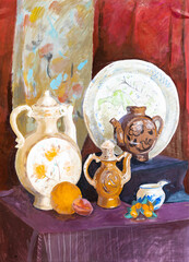 hand-painted still life with decorative jugs and dish on table painted on paper with tempera paints