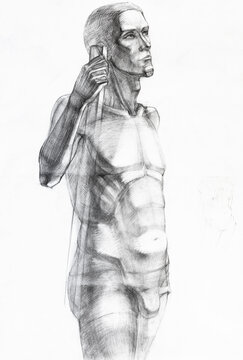 study hand-drawn drawing of nude man with stick drawn with graphite pencil on white paper