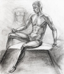study hand-drawn drawing of nude sitting man with pole in studio drawn with charcoal on white paper
