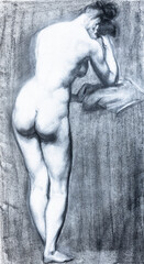 hand-drawn study reproduction of fragment of painting by Eugene Delacroix Mademoiselle Rose from behind (original from 1820-th years) drawn with charcoal and white soft pastels (sauce) on white paper