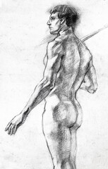hand-drawn study reproduction of fragment of drawing Nude male by Jean Edouard Vuillard (original from 1890-th years) drawn drawn with charcoal on white paper