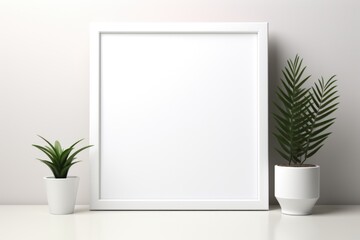 Mockup frame, Minimalist White Table with a Sleek, Modern Black Mockup Frame. Generative AI