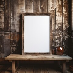 Mockup frame, Distressed Barn Wall with a Rustic Wooden Mockup Frame Leaning Against It. Generative AI