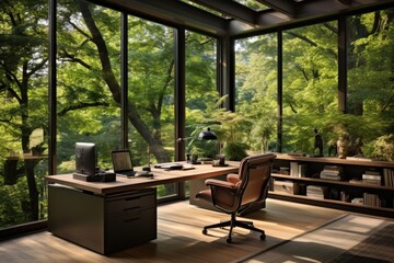 Obraz premium A contemporary home office with a spacious desk, ergonomic chair, and floor-to-ceiling windows offering a view of lush greenery outside. Generative AI