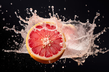 Vibrant Citrus Splash: Grapefruit on a Black Background - Generative AI
