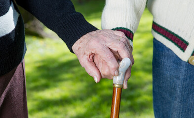 Elder couple with stick hand to hand walking in the garden