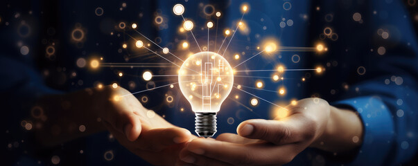 Businessman holding in his hands lightbulb on blue bokeh background , innovation concept. - obrazy, fototapety, plakaty