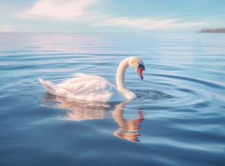 White swan in the foggy lake at the dawn. Morning lights. Romantic background. Beautiful swan. Cygnus. Romance of white swan with clear beautiful landscape. Created with Generative AI technology.