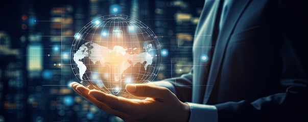 Fototapeta premium Businessman holding in his hands lightbulb on blue bokeh background , innovation concept.
