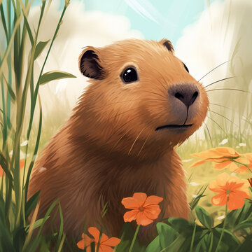 illustration of a very very small capybara that peeks out from behind a bush with flowers