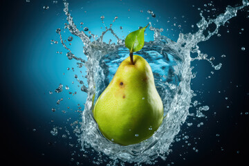 Fototapeta na wymiar Dynamic Pear Splash: Pear on a Dark Background with Water - Generative AI