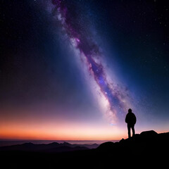 silhouette of a person on the top of the mountain observing a galaxy