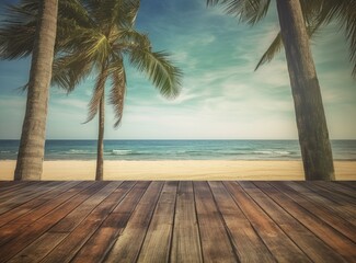 Empty wooden table and palm leaves with party on beach blurred background in summer time. Created with Generative AI technology.