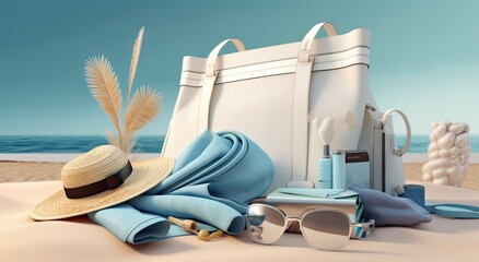Stylish beach bag with accessories and tropical beach in the background, summer vacations concept. Created with Generative AI technology.