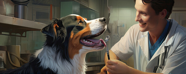 Examining dog almost real photo. Vet doctor and cute pets. wide banner - obrazy, fototapety, plakaty
