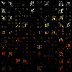 Digital letters cover. Random Characters of Chinese Traditional Alphabet. Gradiented matrix pattern. Yellow orange brown color theme backgrounds. Tileable horizontally. Awesome vector illustration.