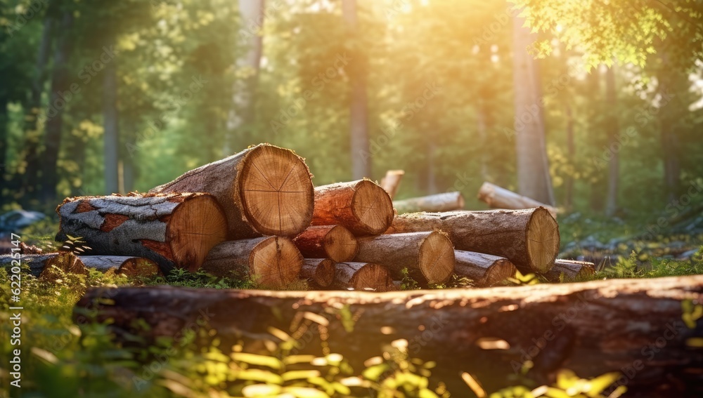 Wall mural Forest pine and spruce trees. Log trunks pile, the logging timber wood industry. Wide banner or panorama wooden trunks. Created with Generative AI technology.