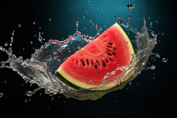 Dynamic Watermelon Splash: Watermelon on a Dark Background with Water Splash - Generative AI
