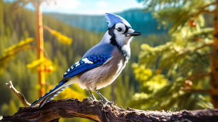 A blue jay sits on a tree branch against the backdrop of a forest landscape.Generative AI