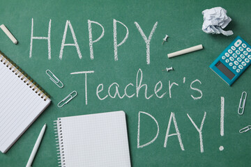 School board with text, chalk and notepads, flat lay