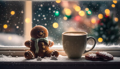 A gingerbread man is sitting near a cup by window with colorful lights.Generative AI