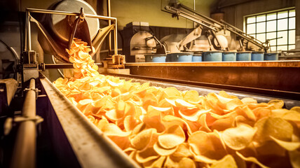 Lots of chips prepared on a conveyor at a food factory. Line for the production and packaging of potato chips. Special equipment of snacks producing facility.


