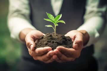 Businessman hand holding young plant. Eco Corporate policy for environmental awareness and sustainable future.
