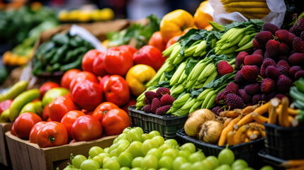 farmers market, filled with an array of colorful and fresh fruits, vegetables, and plant-based products, showcasing the abundance and variety of vegetarian options available.