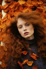 portrait of a woman/model/book character in autumn colours with red/orange fall details in a fashion/beauty editorial magazine style film photography look - generative ai art