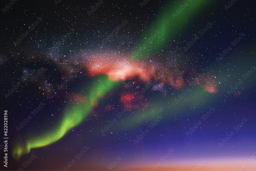 Poster night starry sky. milky way and northern lights. green aurora borealis