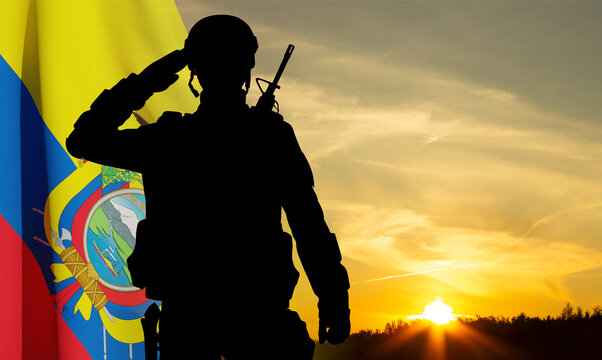 Silhouette of a soldier with Ecuador flag against the sunset