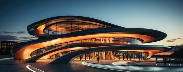 3D rendering of a futuristic building in the city at night
