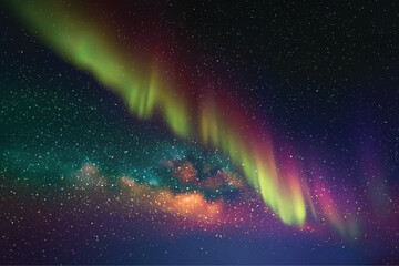 Night starry sky. Milky Way and polar lights. Purple aurora borealis